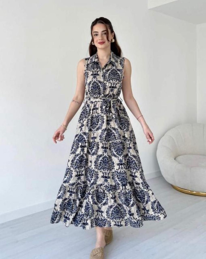 METRONAUT Women Fit and Flare Blue Ankle Length Dress