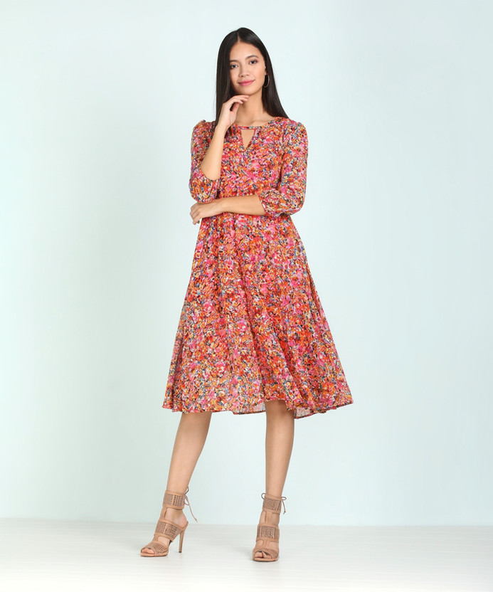 HARPA Women Fit and Flare Multicolor Below Knee Dress