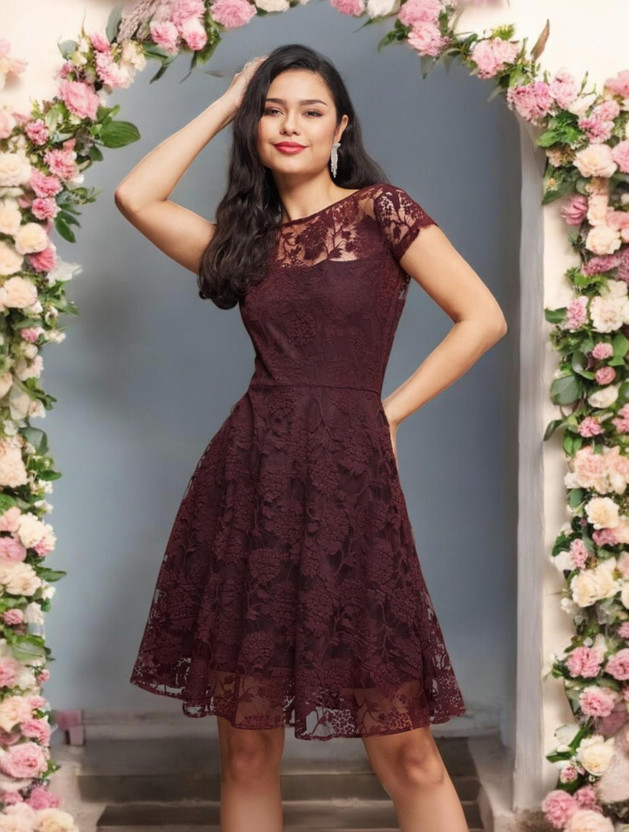 Miss Chase Women Fit and Flare Maroon Above Knee/Mid Thigh Length Dress