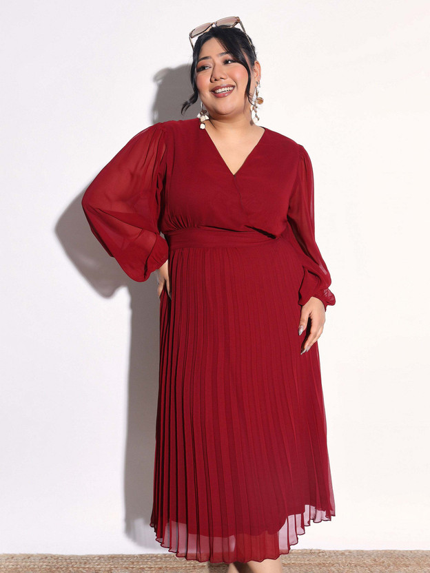 SASSAFRAS Curve Women A-line Maroon Midi/Calf Length Dress