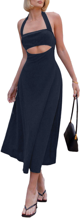 TIVANTE TIVANTE Women Fit and Flare Dark Blue Midi/Calf Length Dress - Flipkart Deal