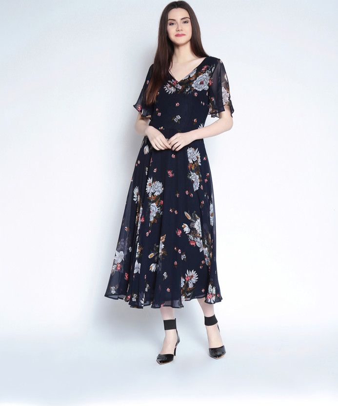 RARE Women Fit and Flare Blue Midi/Calf Length Dress
