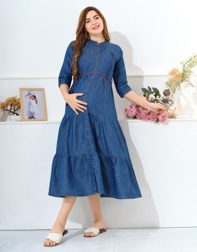 EASYMOM Women Fit and Flare Blue Ankle Length Dress