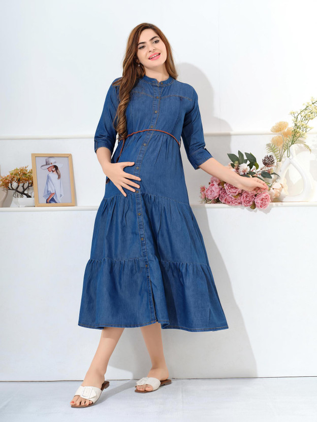 EASYMOM EASYMOM Women Fit and Flare Blue Ankle Length Dress - Flipkart Deal