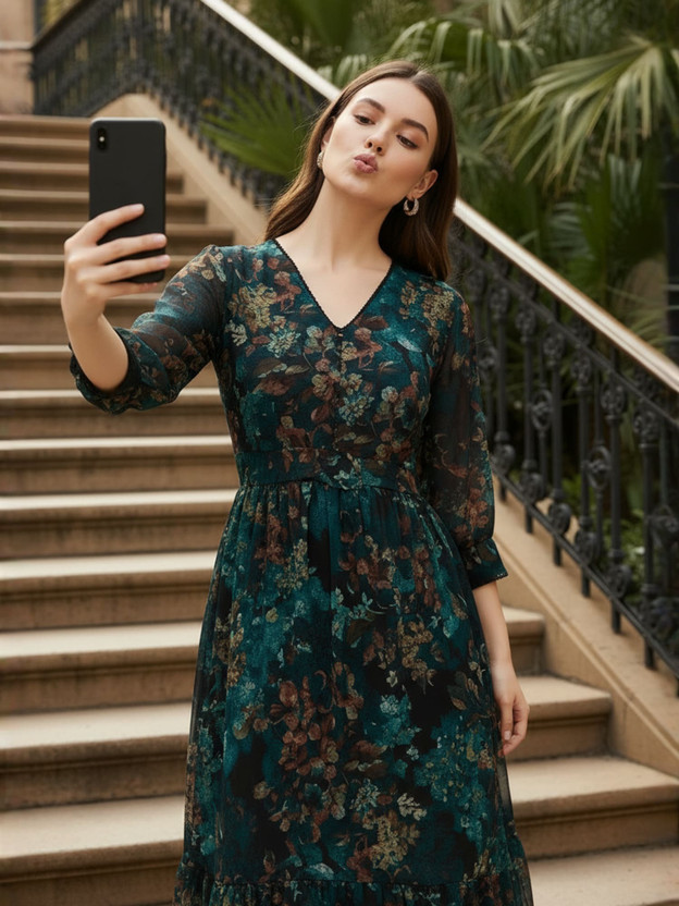 ZUMMER ZUMMER Women Fit and Flare Blue Midi/Calf Length Dress - Flipkart Deal