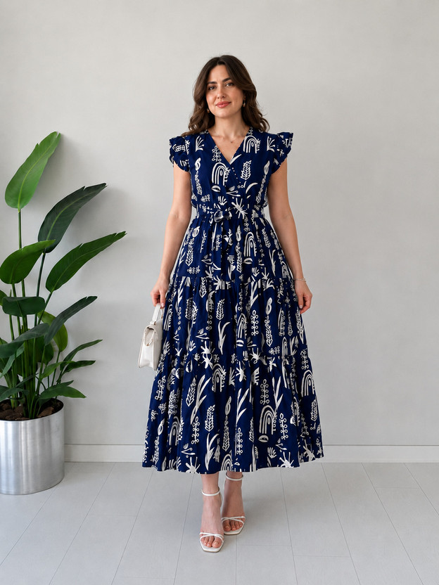 woclo woclo enterprise Women Maxi Dark Blue, White Full Length Dress - Flipkart Deal