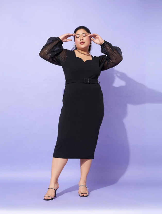 SASSAFRAS SASSAFRAS Curve Women Bodycon Black Midi/Calf Length Dress - Flipkart Deal