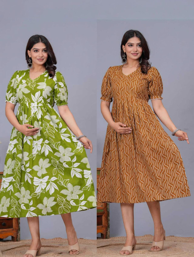 Yuwan Women Maxi Green, Beige Below Knee Dress