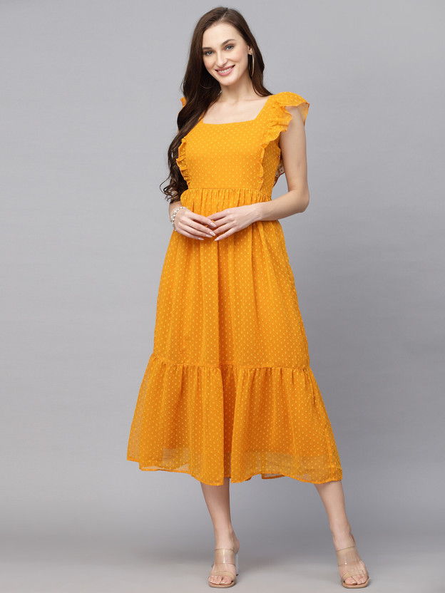 AAYU Women Fit and Flare Yellow Midi/Calf Length Dress