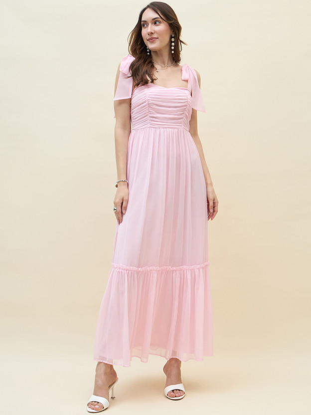 AAYU Women Layered Pink Maxi/Full Length Dress