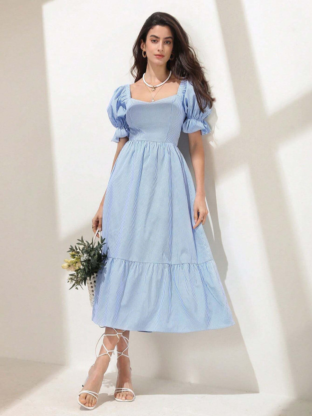 Honky Tonky Women Fit and Flare Light Blue Midi/Calf Length Dress