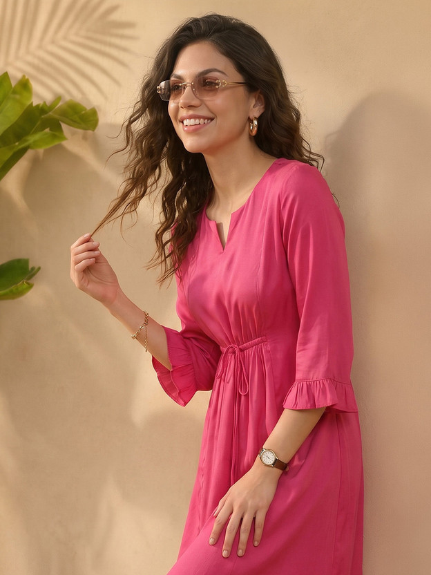 Janasya Janasya Women A-line Pink Knee Length Dress - Flipkart Deal