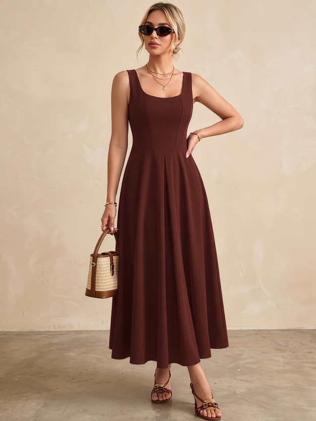 Aahwan Aahwan Women Gathered Brown Midi/Calf Length Dress - Flipkart Deal