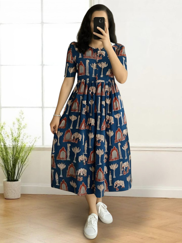 egrecia Women Fit and Flare Dark Blue Midi/Calf Length Dress