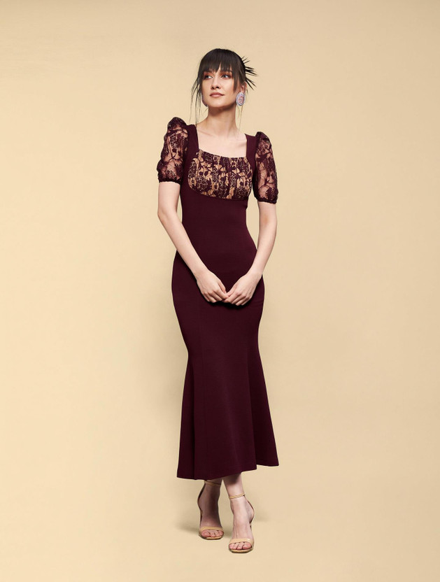 Miss Chase Women Bodycon Maroon Midi/Calf Length Dress