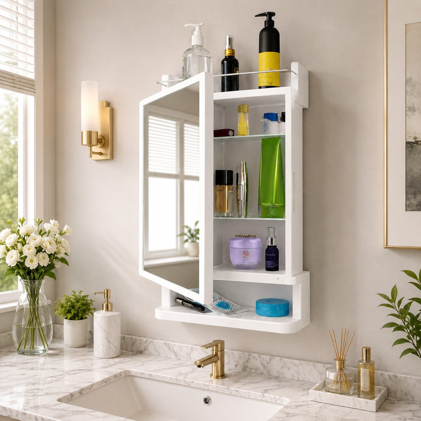 LUPPRA LUPPRA Premium White Bathroom Mirror Cabinet – Tough Plastic Build & Extra Storage Bathroom Mirror(Rectangle Finish : Glossy White Finish) - Flipkart Deal