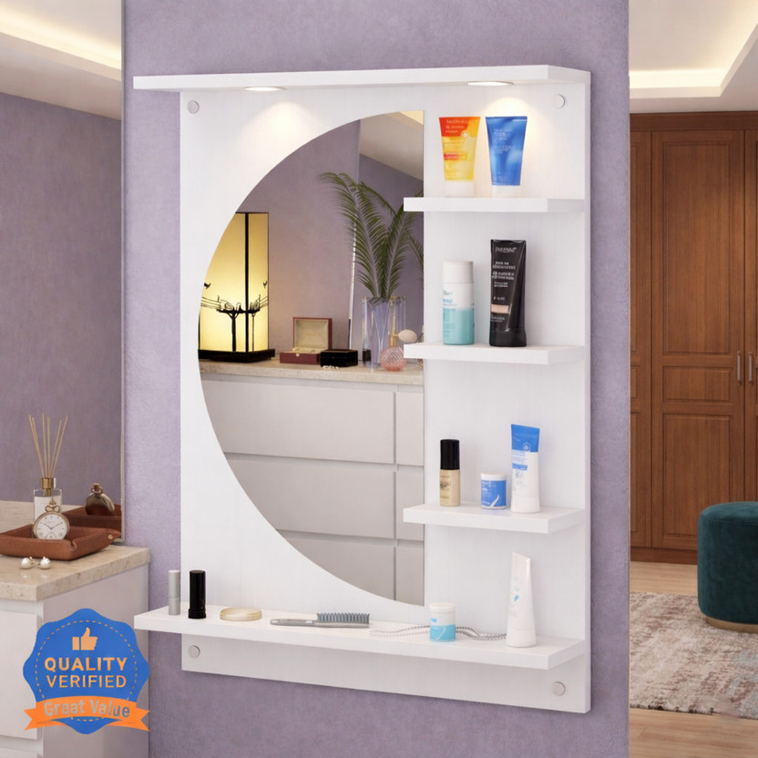 DIY D WHITE HD mirror with led and storage for bathroom and dressing room Engineered Wood Dressing Table(Finish Color - , white, DIY(Do-It-Yourself))