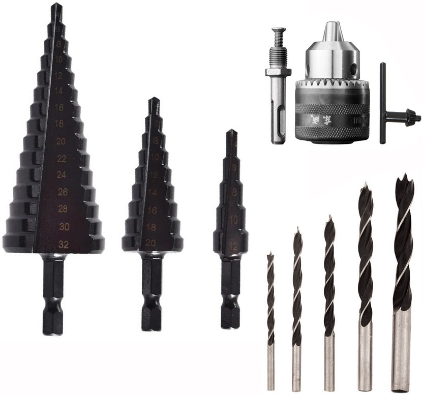 Digital Craft 3Pc Titanium HSS Step Drill Set,5Pc Wood Drill Set,13MM Drill Chuck 4-12/4-20/4-32mm Hss Step Drill Bit Black Coated Cone Hole Cutter Metal Drill