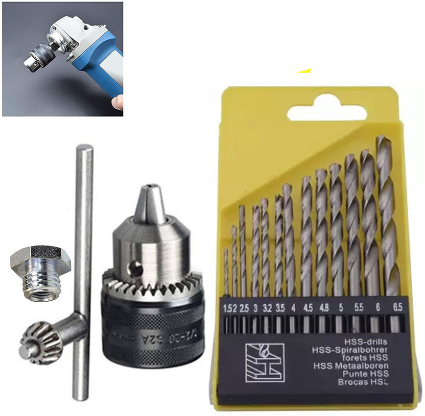 Kiesh DCAB01 Drill Bits 13 mm Drill Chuck for Angle Grinder and Drill Machine With Converter Nut Adaptor Key and 13 Pcs of Hss Drill Bit Set Size 1.5-6.5 mm