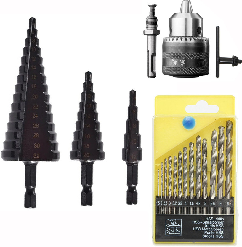 Digital Digital Craft 3Pc Titanium HSS Step Drill Set,13Pc HSS Drill Bit Set,13MM Drill Chuck 4-12/4-20/4-32mm Hss Step Drill Bit Black Coated Cone Hole Cutter Metal Drill - Flipkart Deal