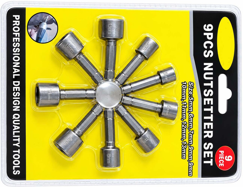 DYTOOLS 9-Piece Nut SetterDriver Bit Set,Hex Shank Socket Nut Drivers withExtension Bar, Compatible, Metric Hex Socket Bits for Drill, Impact Driver & Hand Tools
