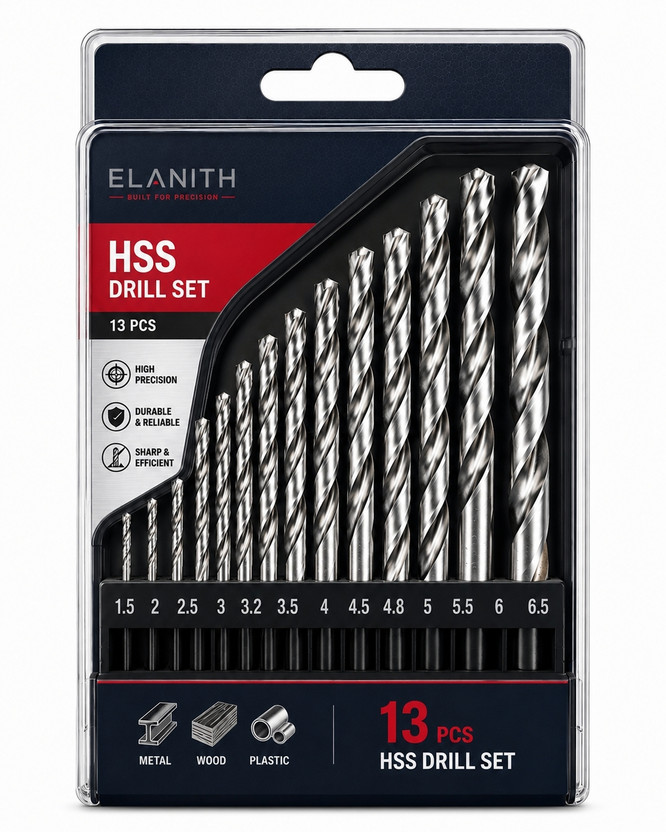 ELANITH HSS Drill Bit Set 13 Pcs | Drill Bits for Metal, Iron, Steel, Wood & Plastic | High Speed Steel Twist Drill Bit Set Box 1.5mm-6.5mm