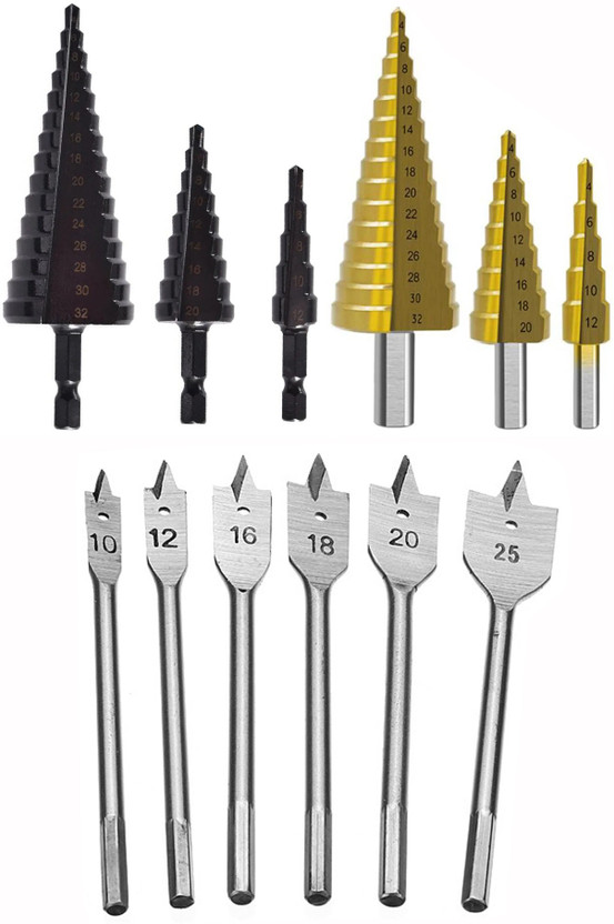 Digital Digital Craft 3Pc Titanium HSS Step Drill Set,6Pc Flat Wood Bit Set,3Pc HSS Step Drill Set 4-12/4-20/4-32mm Hss Step Drill Bit Black Coated Cone Hole Cutter Metal Drill - Flipkart Deal