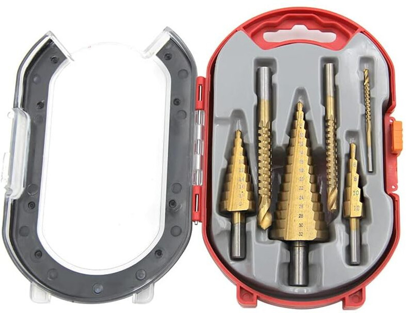 AS TOOL CENTER 6 pcs bearing Steel Titanium Step Drill Bit Set 4-12/20/32mm Metal Hole Cutter Wood Cone Twist Saw Drill