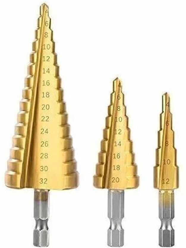 ATOZTOOLS 3Pcs/lot HSS Steel Large Step Cone Titanium Coated Metal Drill Bit Cut Tool Set Hole Cutter 4-12/20/32mm 3Pcs/lot HSS Steel Large Step Cone Titanium Coated Metal Drill Bit Cut Tool Set Hole Cutter 4-12/20/32mm Masonry Bits Set(Pack of 3)
