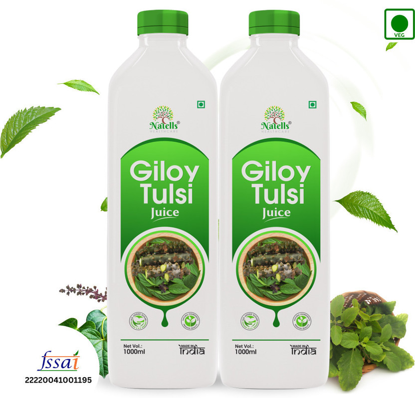 Natells Healthcare Giloy Tulsi Juice | Natural Juice for Building Immunity | First brand to use Neem Grown Giloy Stems with Fresh Tulsi Leaves | No Added Sugar(2 x 1 L)