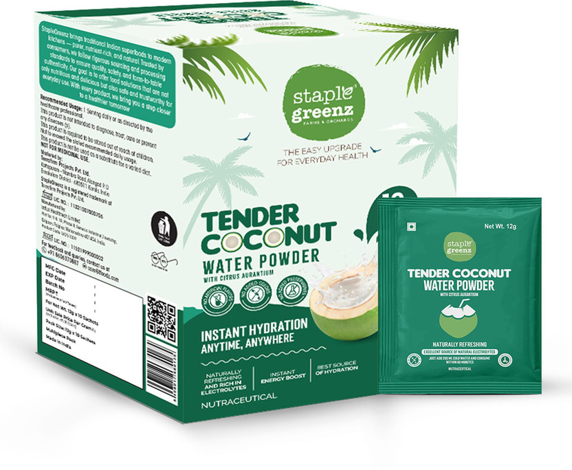 staplegreenz Tender Coconut Water Powder | Instant Hydration packed with Natural Electrolytes(10 x 12 ml)
