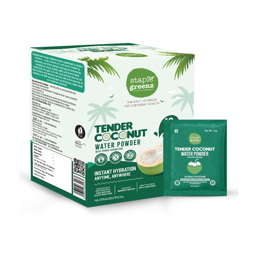 staplegreenz Tender Coconut Water Powder | Instant Hydration packed with Natural Electrolytes(10 x 12 ml)