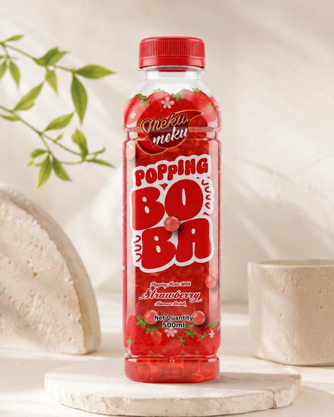 Meku Meku Strawberry Flavour Popping Boba Drink with Bursting Pearls(500 ml)