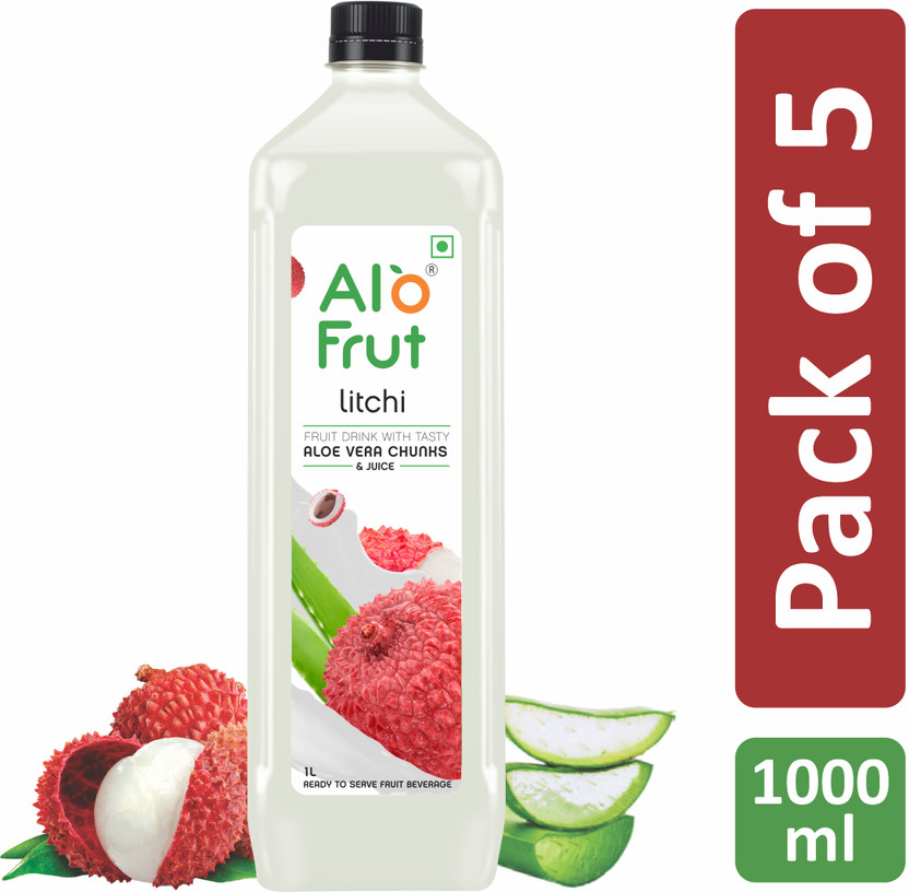 ALOFRUT Litchi Aloevera Chunks & Juice 1000mL | Ready to Serve Fruit Drink(5 x 1000 ml)