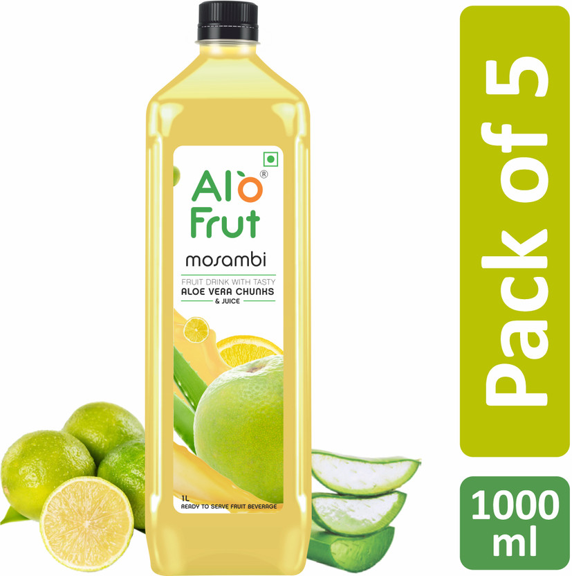 ALOFRUT Mosambi Aloevera Chunks & Juice 1000ml | Ready to Serve Fruit Drink(5 x 1000 ml)
