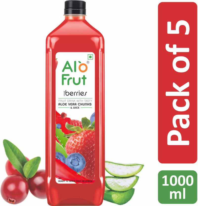 ALOFRUT Berries Aloevera Chunks & Juice 1000mL | Ready to Serve Fruit Drink(5 x 100 ml)