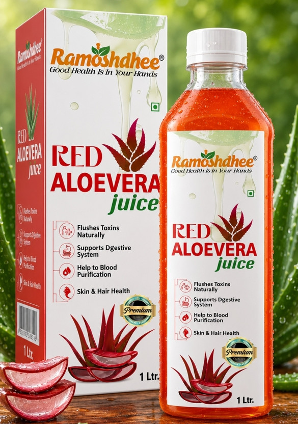 Ramoshdhee Red Aloe Vera juice with Pulp, Better digestion and Glowing Skin | Herbal(1000 ml)