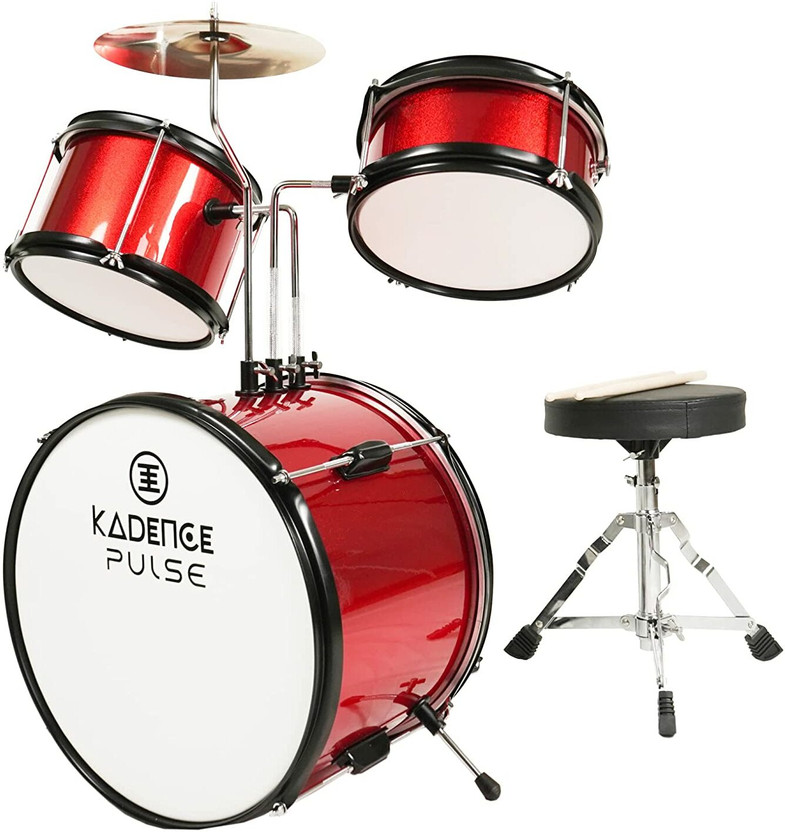 KADENCE 13 Inch 3-Piece/Junior Drum Set/Beginner/Kids Musical Toys,Metallic Red Acoustic 3 Drum Kit Set(Kids)