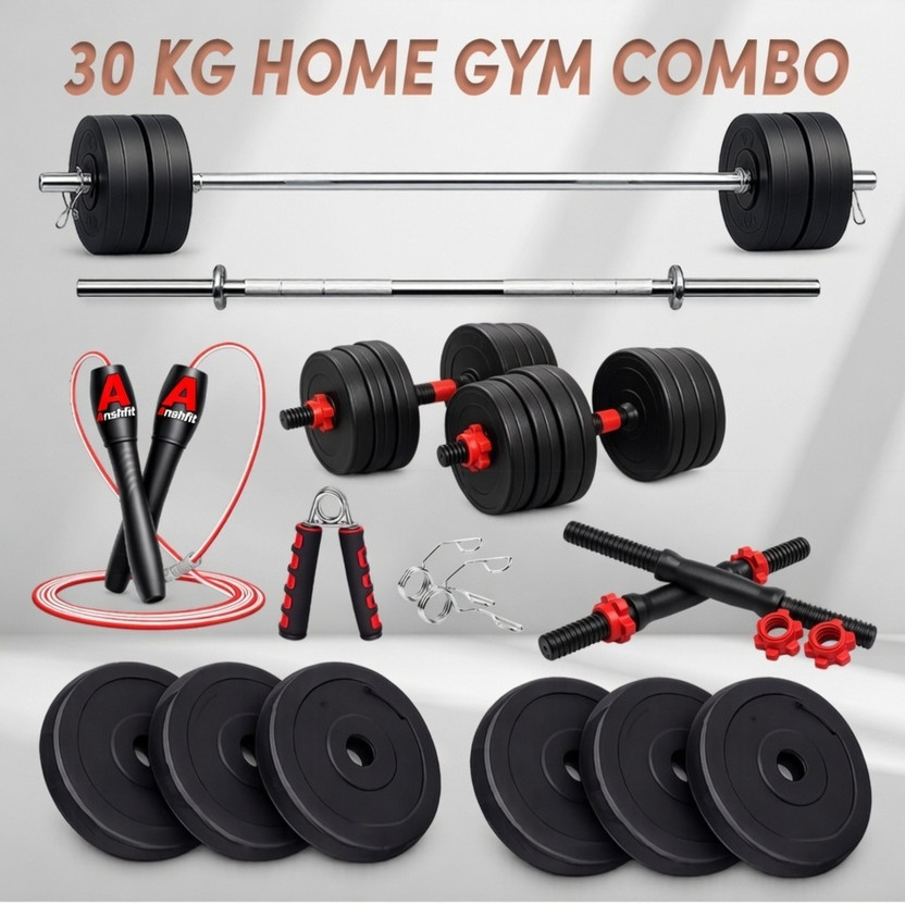 ANSH FIT 30KG-5*4/2.5*4 PVC Plates. 3ft Straight rod and Dumbbell rod, accessories Adjustable Dumbbell(30 kg)