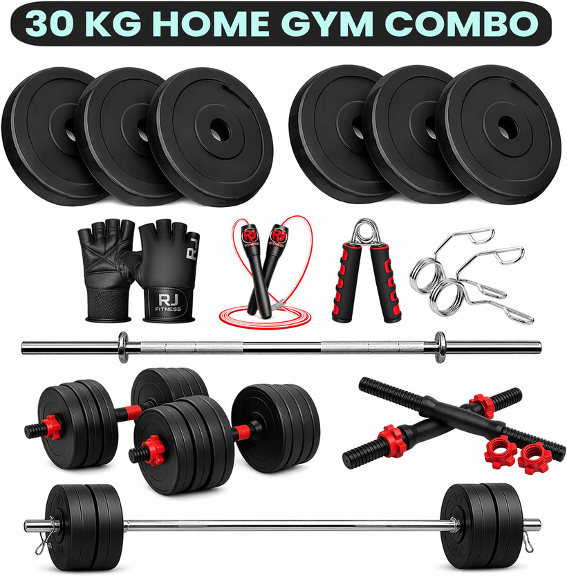rj fitness 30KG Adjustable PVC Weight Set with 3ft Straight Rod & Dumbbell Rods+accessories Adjustable Dumbbell(30 kg)