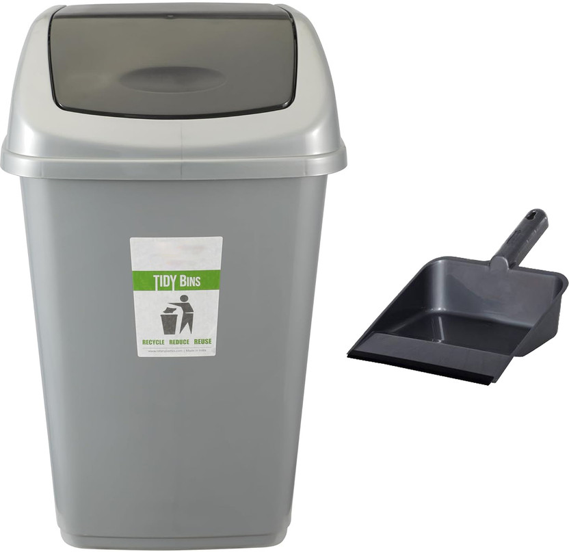 Tenacity Swing Lid Garbage Waste Dustbin | Swing Lid Dustbin with Free Dustpan | 25Ltr Plastic Dustbin(Grey, Pack of 2)