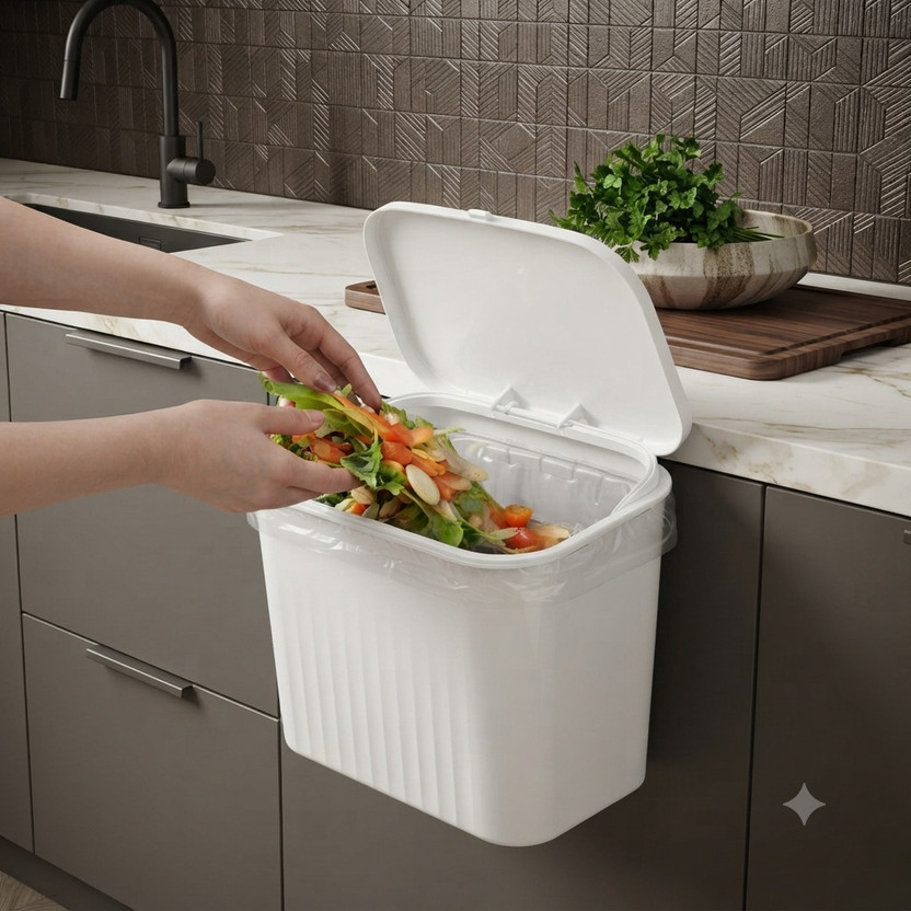 HATMEET Kitchen Hanging Trash Bin with Lid – Space-Saving Cabinet Door Waste Bin Plastic Dustbin(White)