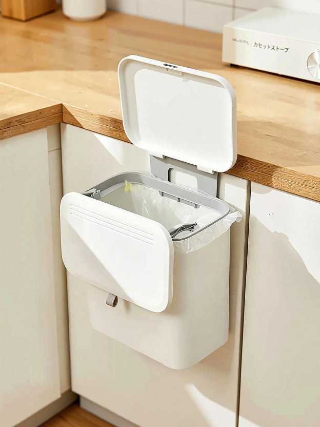 TONY STARK Kitchen Cabinet Door Hanging Trash Can with Double-Sided Open Lid, Garbage Bin Plastic Dustbin(White)