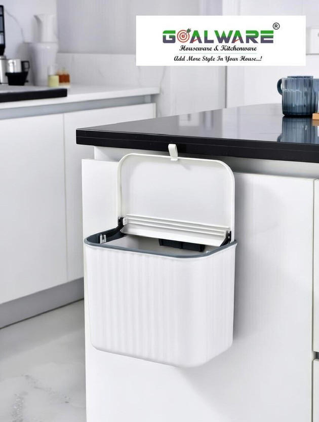 goalware Plastic Hanging Dustbin with Lid for Kitchen Cabinet Door - Small Waste Bin Plastic Dustbin(White)