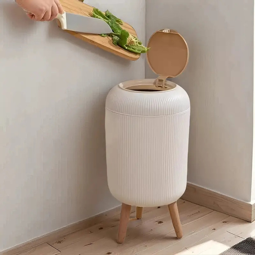 ZENOVIA Designer Dustbin with Legs & One-Touch Lid (10L) for Kitchen, Office & Home Plastic Dustbin(White, Brown)