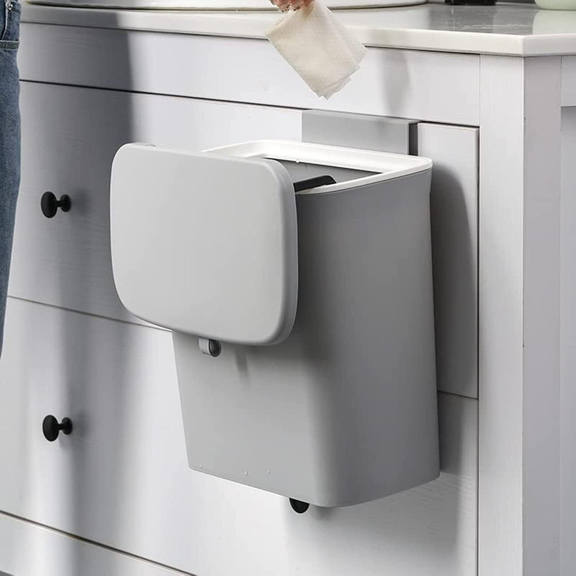 Meneflix 9L Kitchen Hanging Waste Bin with Lid Sliding Cover Under Sink Counter Plastic Dustbin(Grey)