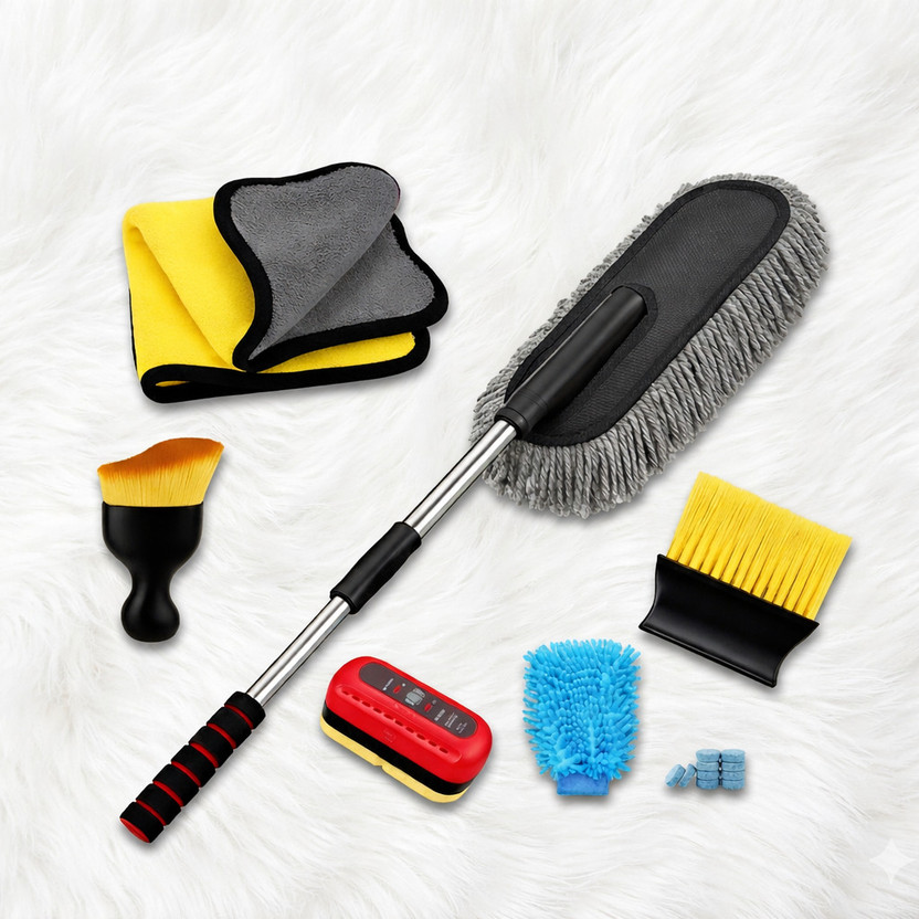 Zevinta 7 in 1 Car Cleaning Kit Combo | Microfiber Duster, Cloth, Glove, Brushes & more Wet and Dry Duster Set(Pack of 7)