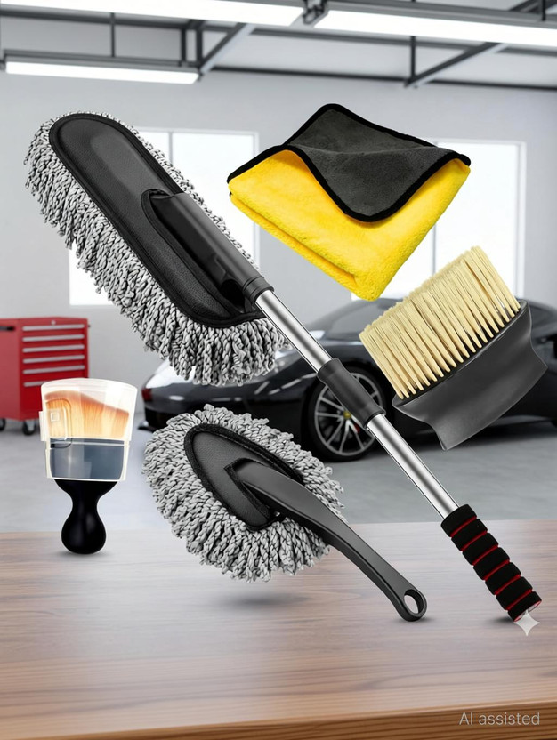 Bluejack 05 Pcs SetComplete Car Cleaning Kit Duster, Brushes, Cloth & AC Brush Wet and Dry Duster