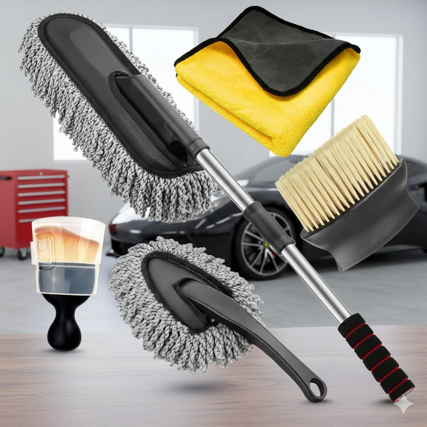 Bluejack 05 Pcs SetComplete Car Cleaning Kit Duster, Brushes, Cloth & AC Brush Wet and Dry Duster