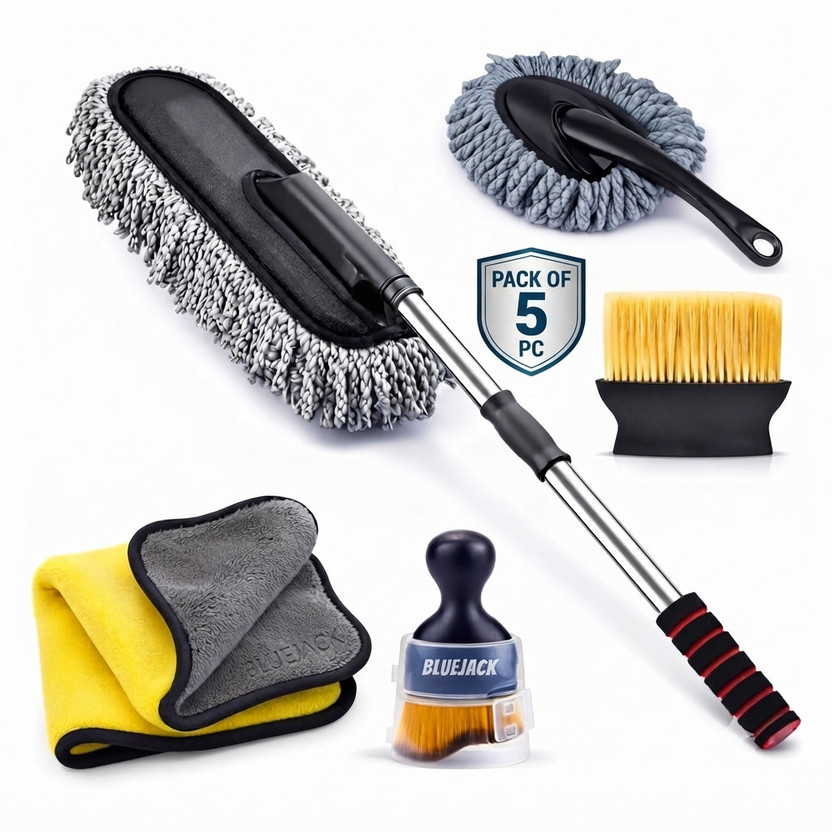 Bluejack 05 Pcs SetComplete Car Cleaning Kit Duster, Brushes, Cloth & AC Brush Wet and Dry Duster